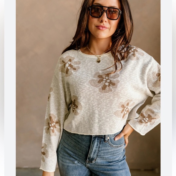 Promesa Floral-Pattern Crop Knit Sweater Long Sleeve Size Small - Picture 1 of 16